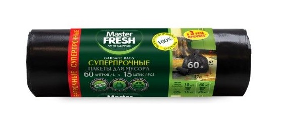 Master FRESH пакеты д/мусора суперпрочные 60л, 15шт (ЧЕРНЫЕ) 25мкм усиленное дно  /20