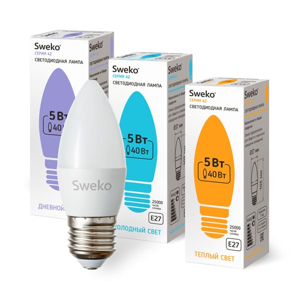 Светодиодная лампа Sweko 42 серия 42LED-C35-5W-230-4000K-E27 5/100