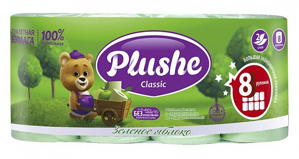 ТБ Plushe Classic Зел.Яблоко 6+2=8 рул по 18 м 2 слоя /8/