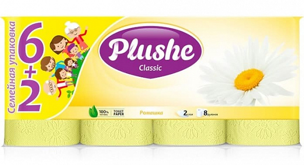 ТБ Plushe Classic Ромашка, 6+2=8 рул  по 18м 2 слоя /8/