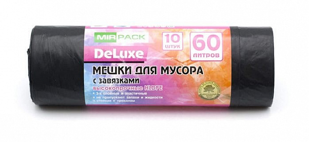 Пакеты д/мусора с завязками 60 л(40мкм) Delux 10 шт рулон черные/25/